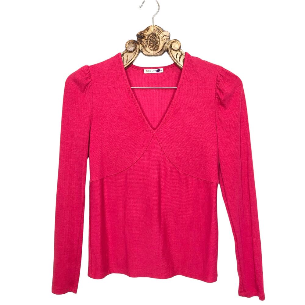 Marine Layer Pink Knit Top Ribbed V Neck Puff Sleeve Seamed Bodice